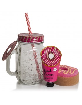 Pokhara Crystal Jar Donut Σετ Ποτήρι με Κρέμα Χεριών και Σφουγγαράκι Φράουλα