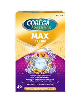 Corega Max Clean Power 4 in 7 Καθαριστικά Δισκία για Τεχνητές Οδοντοστοιχίες με Περισσότερο Ενεργό Οξυγόνο 36 Δισκία