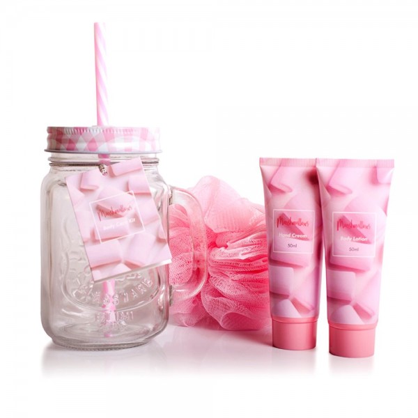 Pokhara Bath Set σε βάζο – Marshmallow Hand Cream, Body Lotion & Σφουγγάρι Σώματος, ιδανικό για δώρο ευεξίας