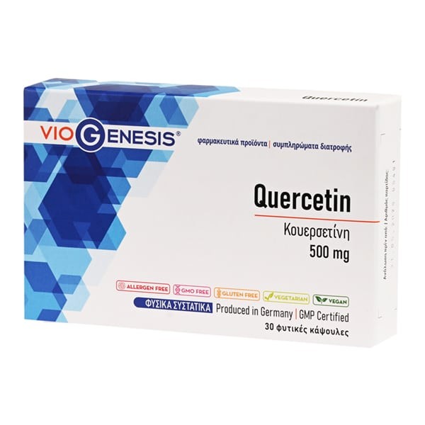 Συμπλήρωμα Viogenesis Quercetin 500mg σε συσκευασία 30 φυτικών καψουλών για αντιοξειδωτική προστασία