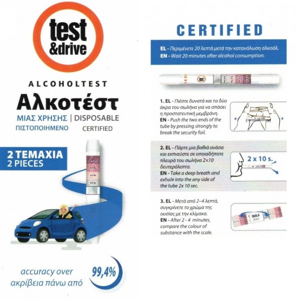 Test&Drive πιστοποιημένο αλκοτέστ μιας χρήσης 2 τεμάχια – disposable alcohol test για άμεσο και αξιόπιστο έλεγχο αλκοόλ.