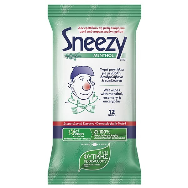 Sneezy Menthol υγρά μαντηλάκια 12 τεμαχίων – ανακούφιση μύτης με άρωμα μέντας