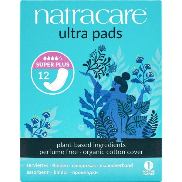 Natracare Ultra Super Plus σερβιέτες χωρίς φτερά 12 τεμάχια για πολύ μεγάλη ροή οργανικές βαμβακερές