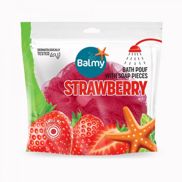 Balmy Strawberry Bath Pouf with Soap Pieces 76g σφουγγάρι μπάνιου με σαπούνι και άρωμα φράουλας για καθαρισμό σώματος