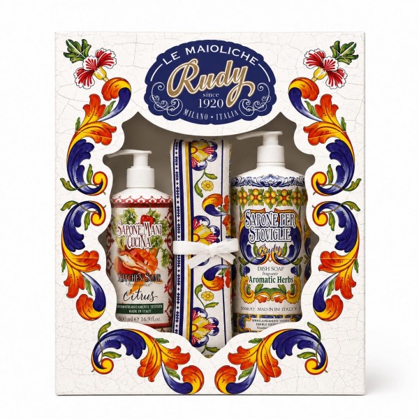Rudy Profumi Le Maioliche Ortus Kitchen Collection Gift Set Σαπούνι Χεριών Εξουδετέρωσης Οσμών 300ml & Υγρό Πιάτων 750ml & Πετσέτα 100% Βαμβακερή Made in Italy