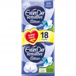Συσκευασία EveryDay Sensitive Super Ultra Plus 18τμχ, σερβιέτες με φτερά για αυξημένη ροή.